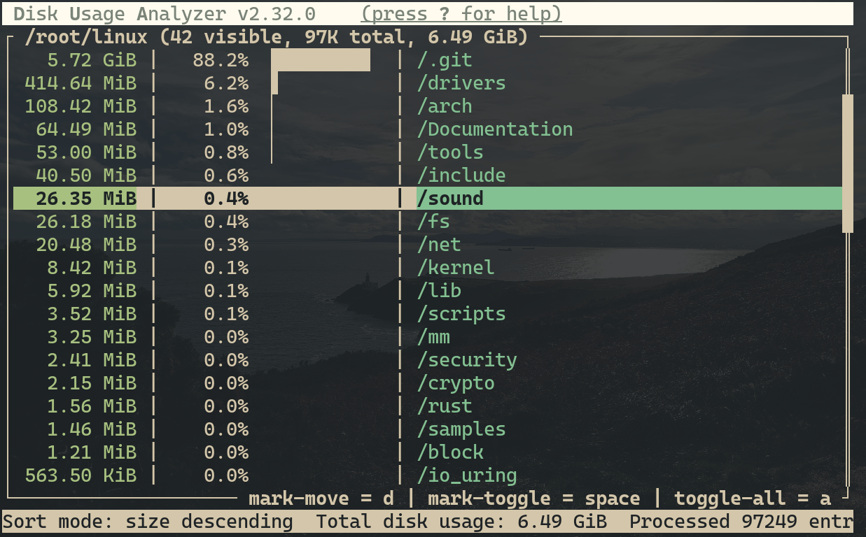 The interactive view of the dua TUI showing the largest items first