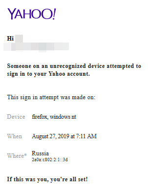 Yahoo.com suspicious login warning email