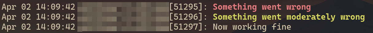 colored output for the 3 messages, first is red, second yellow, third white