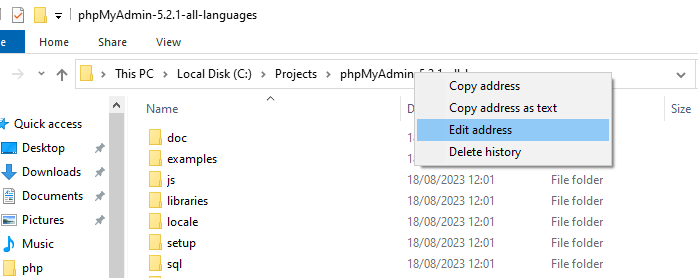 Show the mouse cursor on the Edit option of the Widnows explorer address bar context menu