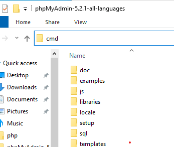 The word 'cmd' typed into the Windows explorer address bar
