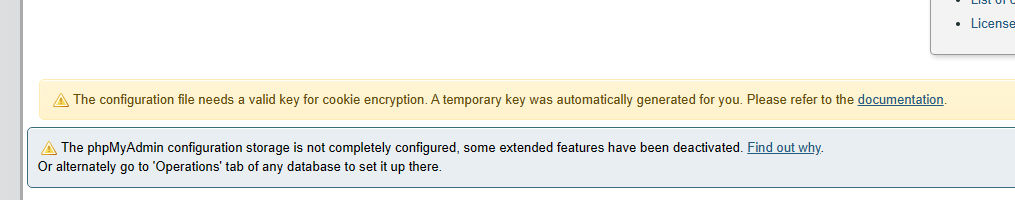 Warning about the missing pma database 'some extended features have been deactivated'