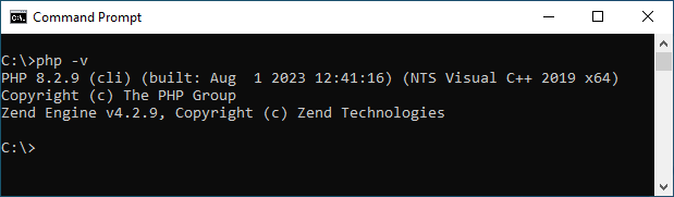 Output of php -v when the path includes our php executable