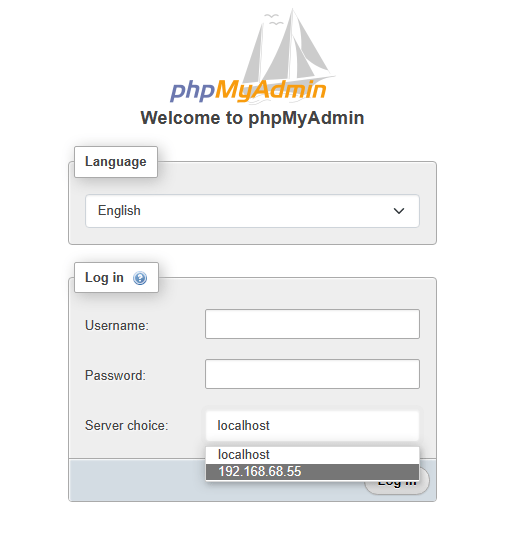 phpMyAdmin login screen showing the database server we previously added to the config file