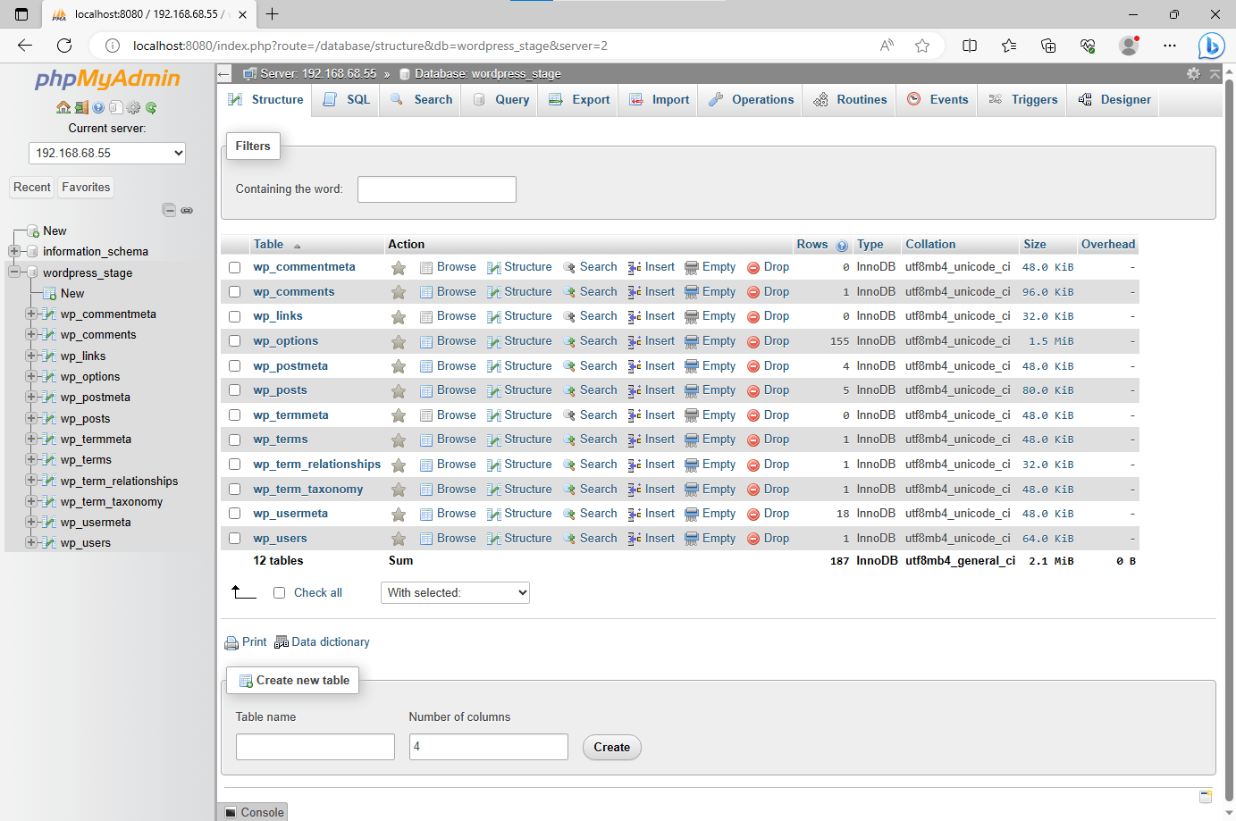 phpMyAdmin screen when logged into a remote database server