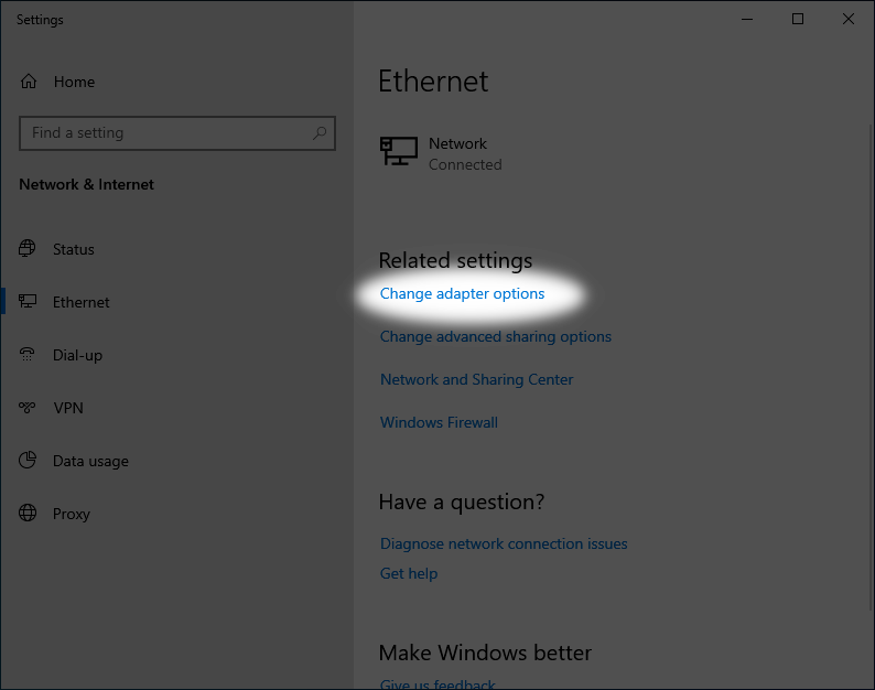 Where to find 'Change adapter options' in the Windows network settings