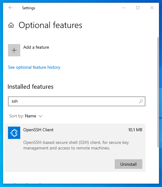 Shows the Windows SSH client as an installed feature